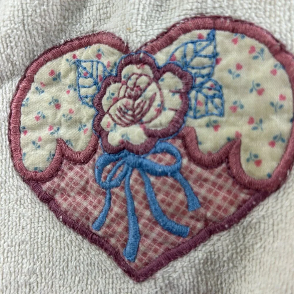 Vintage Hand Towel Heart Applique Cottagecore Pink Blue Flower Bow Fringe
